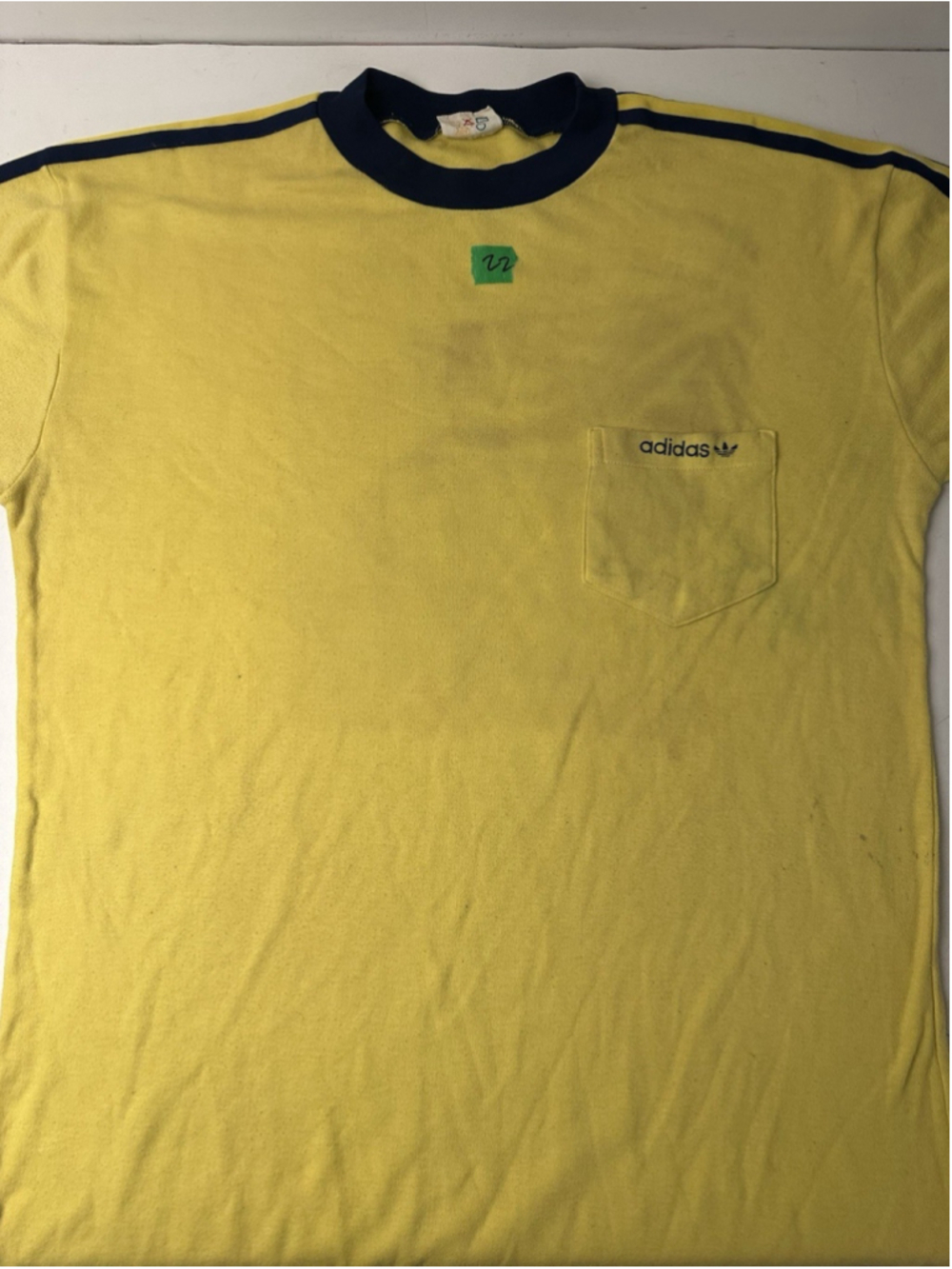 70s 80s Vintage Adidas Ringer Tee Yellow Navy 3 Stripe Pocket Shirt Mens XL